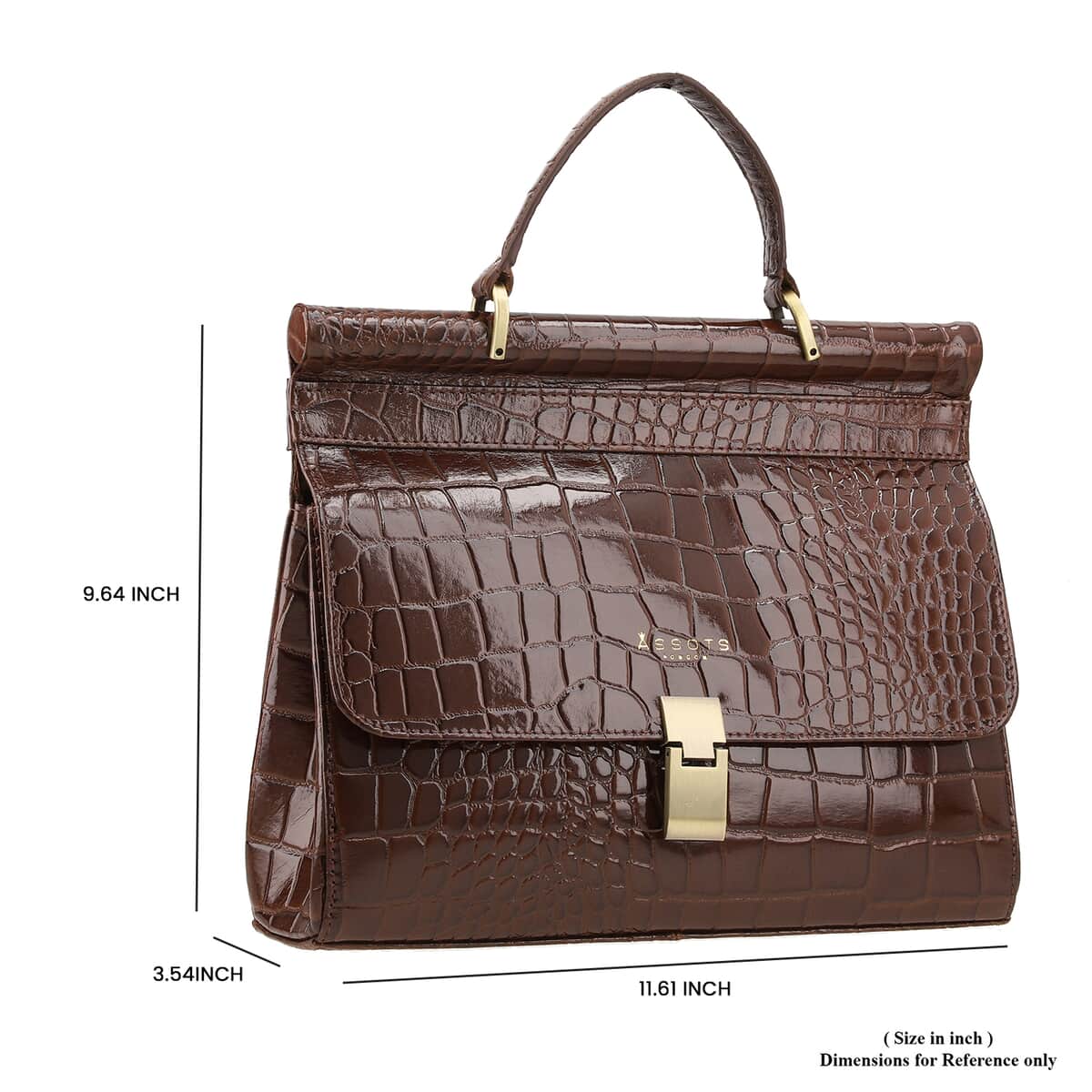 Assots London Brown Genuine Leather Croco Embossed Satchel Bag For Women With Adjustable Detachable Shoulder Strap And Button Closure (11.61X3.54X9.64) image number 4