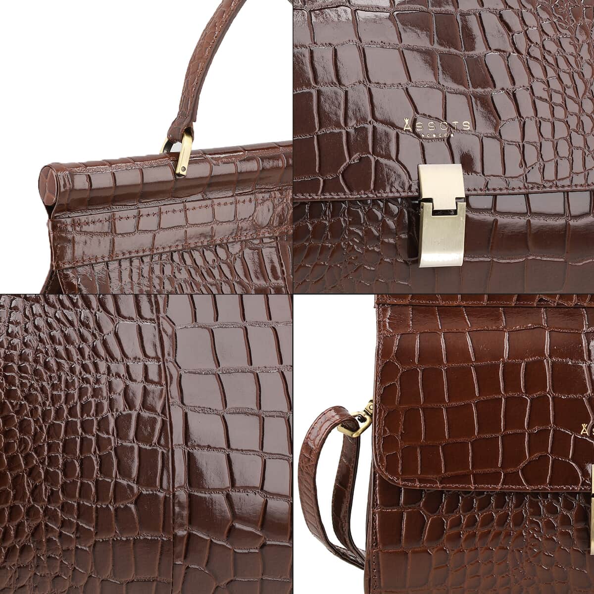Assots London Brown Genuine Leather Croco Embossed Satchel Bag For Women With Adjustable Detachable Shoulder Strap And Button Closure (11.61X3.54X9.64) image number 5