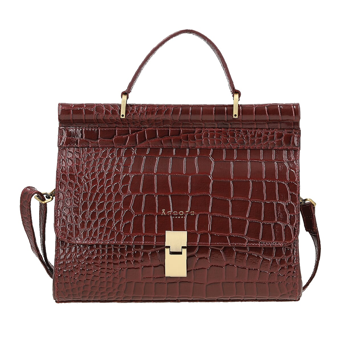 Assots London Burgundy Genuine Leather Croco Embossed Satchel Bag For Women With Adjustable Detachable Shoulder Strap And Button Closure (11.61X3.54X9.64) image number 0
