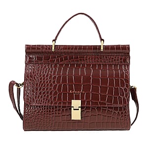 Assots London Burgundy Genuine Leather Croco Embossed Satchel Bag For Women With Adjustable Detachable Shoulder Strap And Button Closure (11.61X3.54X9.64)