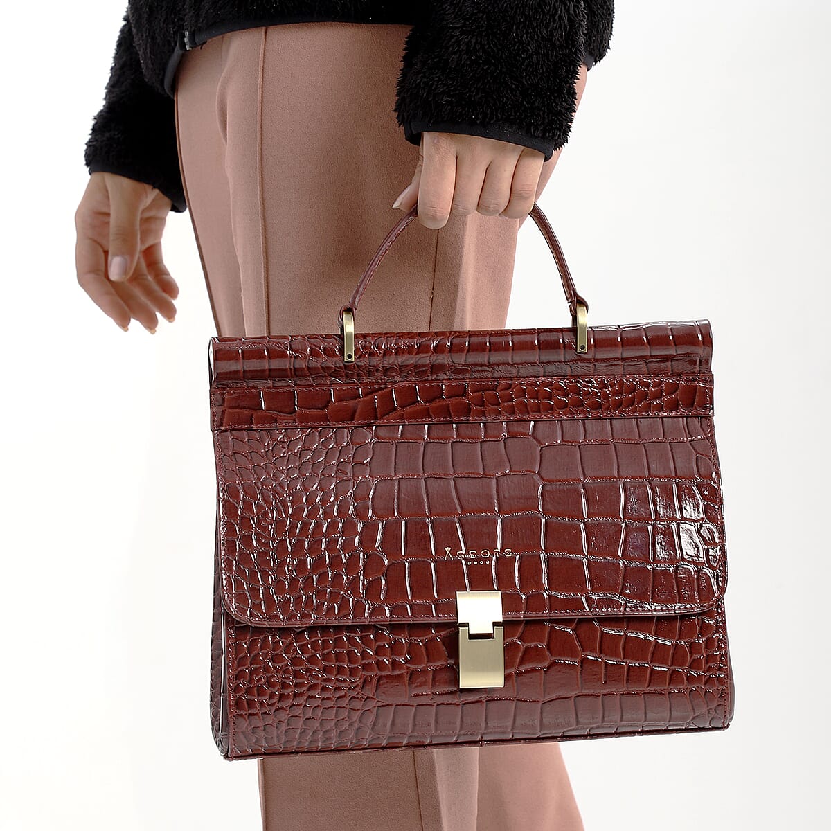 Assots London Burgundy Genuine Leather Croco Embossed Satchel Bag For Women With Adjustable Detachable Shoulder Strap And Button Closure (11.61X3.54X9.64) image number 1
