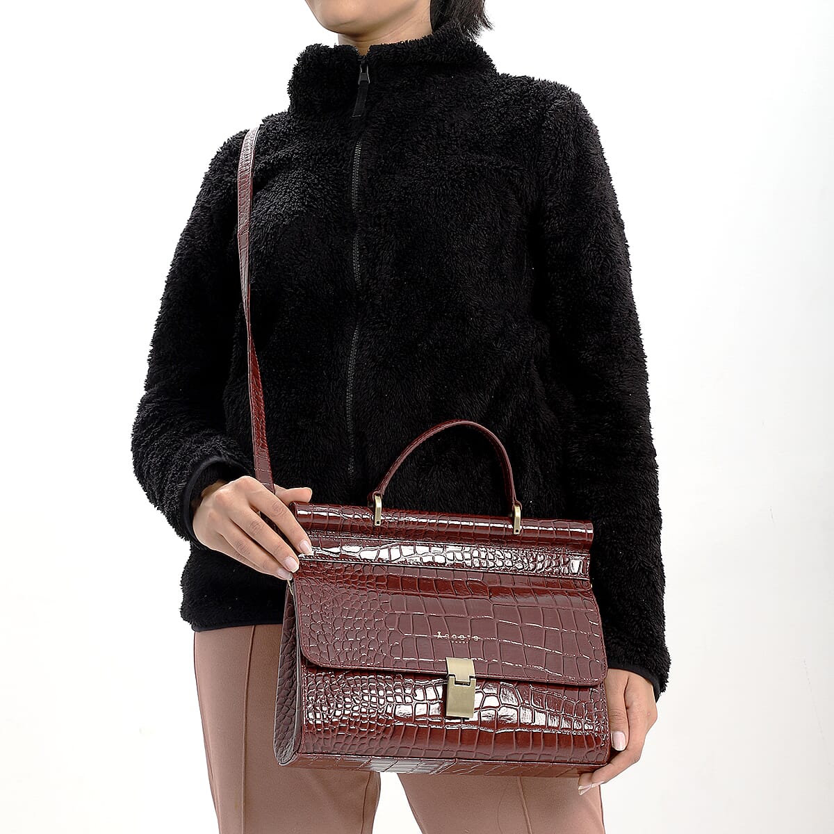 Assots London Burgundy Genuine Leather Croco Embossed Satchel Bag For Women With Adjustable Detachable Shoulder Strap And Button Closure (11.61X3.54X9.64) image number 2