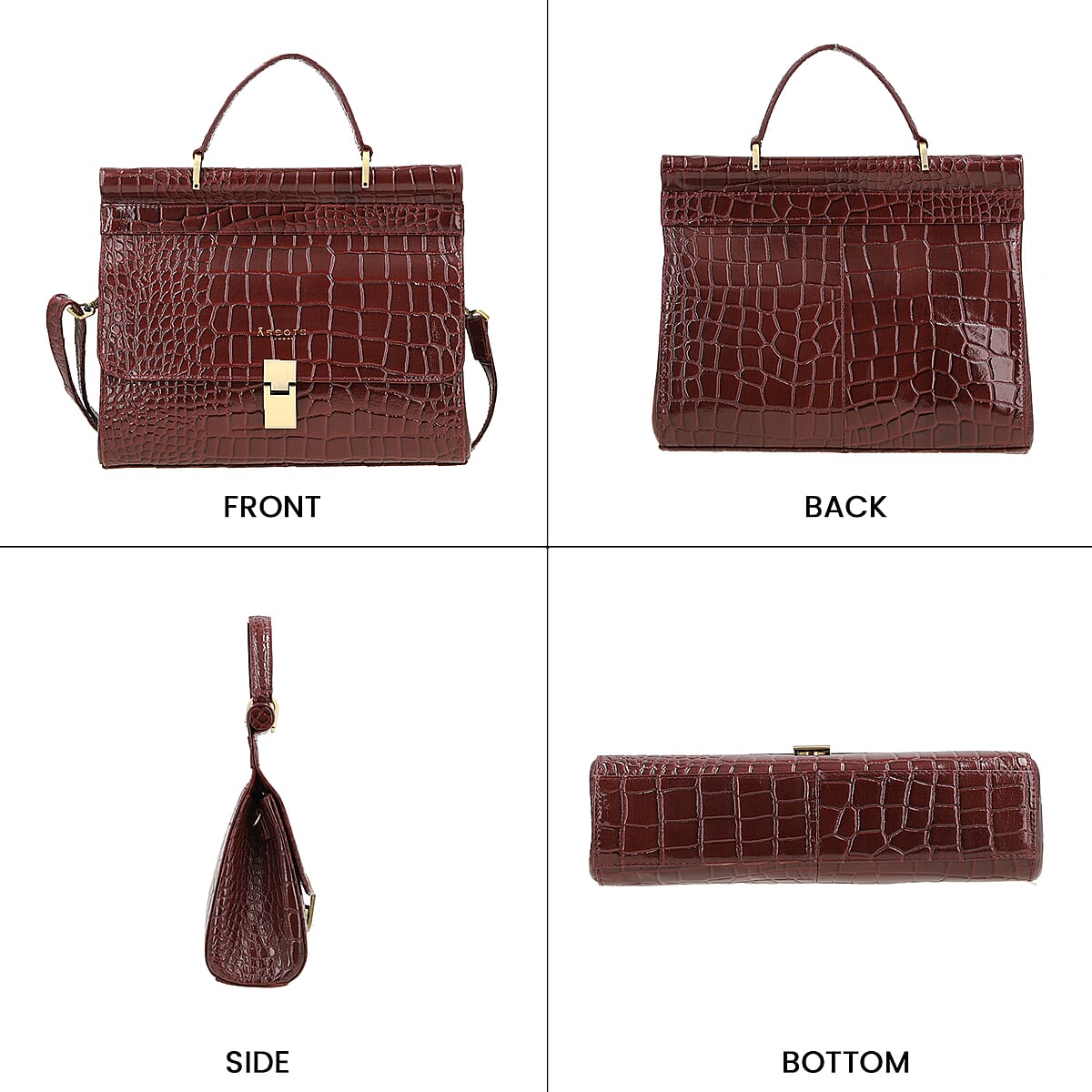 Assots London Burgundy Genuine Leather Croco Embossed Satchel Bag For Women With Adjustable Detachable Shoulder Strap And Button Closure (11.61X3.54X9.64) image number 3