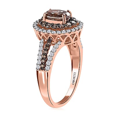 Luxoro 14K Rose Gold I1-I2 Natural Champagne and White Diamond Double Halo Ring (Size 10.0) 2.00 ctw
