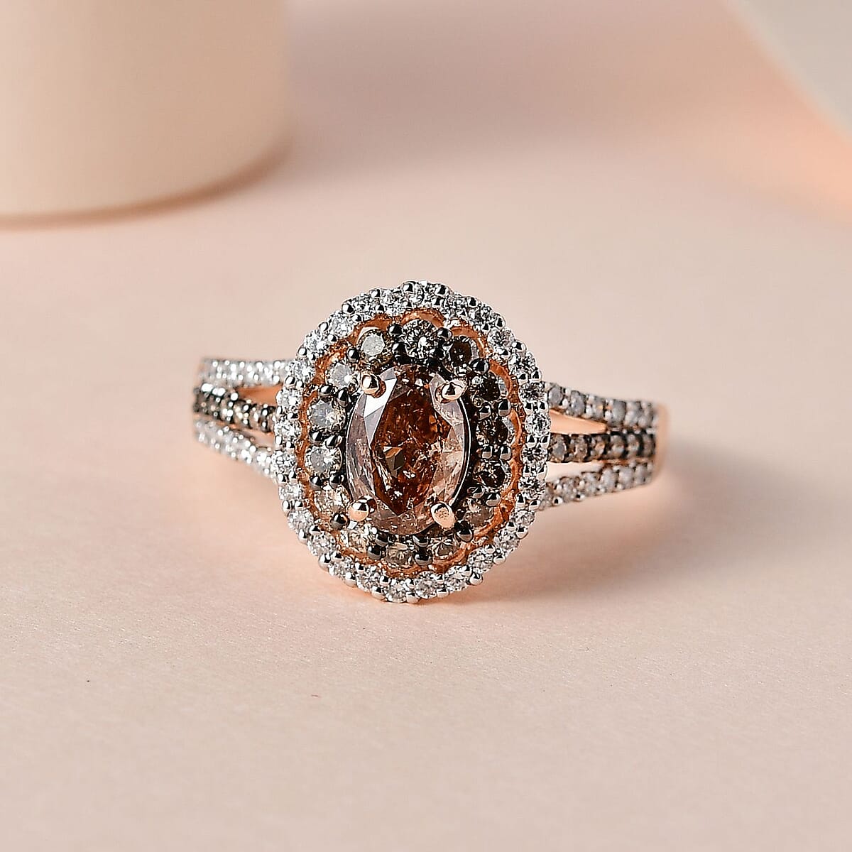 Luxoro 14K Rose Gold I1-I2 Natural Champagne and White Diamond Double Halo Ring (Size 7.0) 2.00 ctw image number 1
