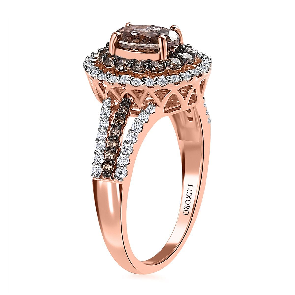 Luxoro 14K Rose Gold I1-I2 Natural Champagne and White Diamond Double Halo Ring (Size 7.0) 2.00 ctw image number 3