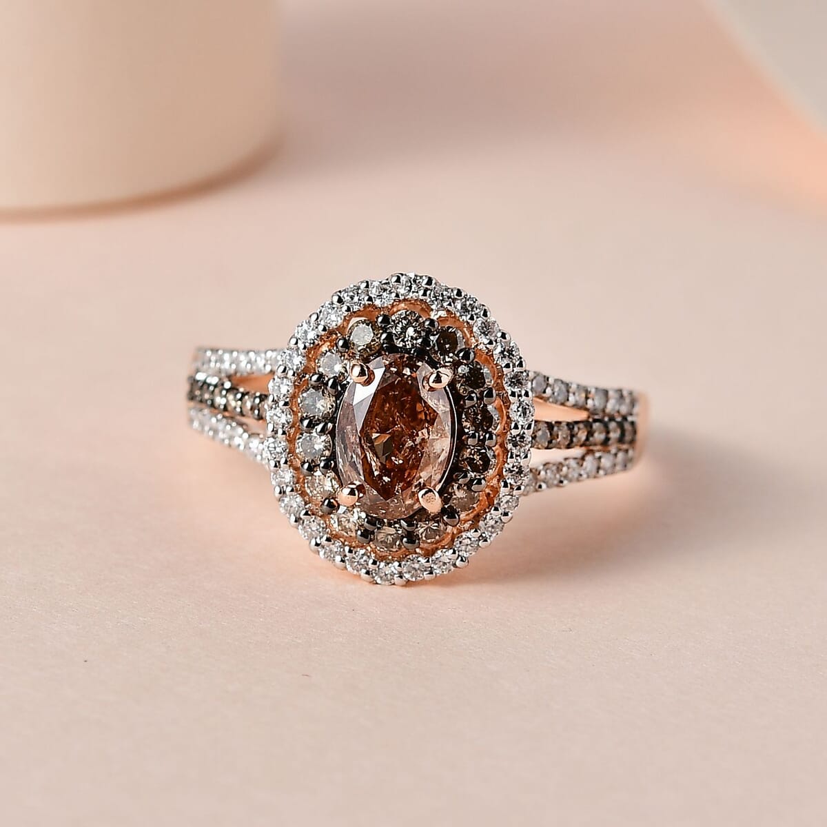 Luxoro 14K Rose Gold I1-I2 Natural Champagne and White Diamond Double Halo Ring (Size 9.0) 2.00 ctw image number 1