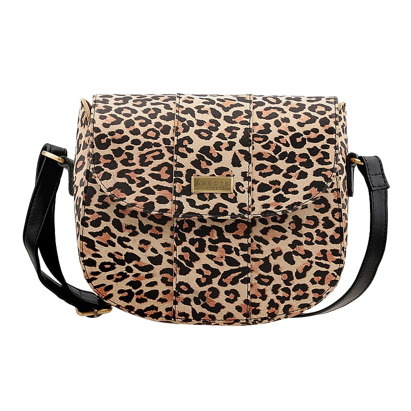 Assots London Brown Leopard Print Genuine Leather Crossbody Sling Bag For Ladies With Adjustable Strap and Button Closure (8.66X8.07X3.13)