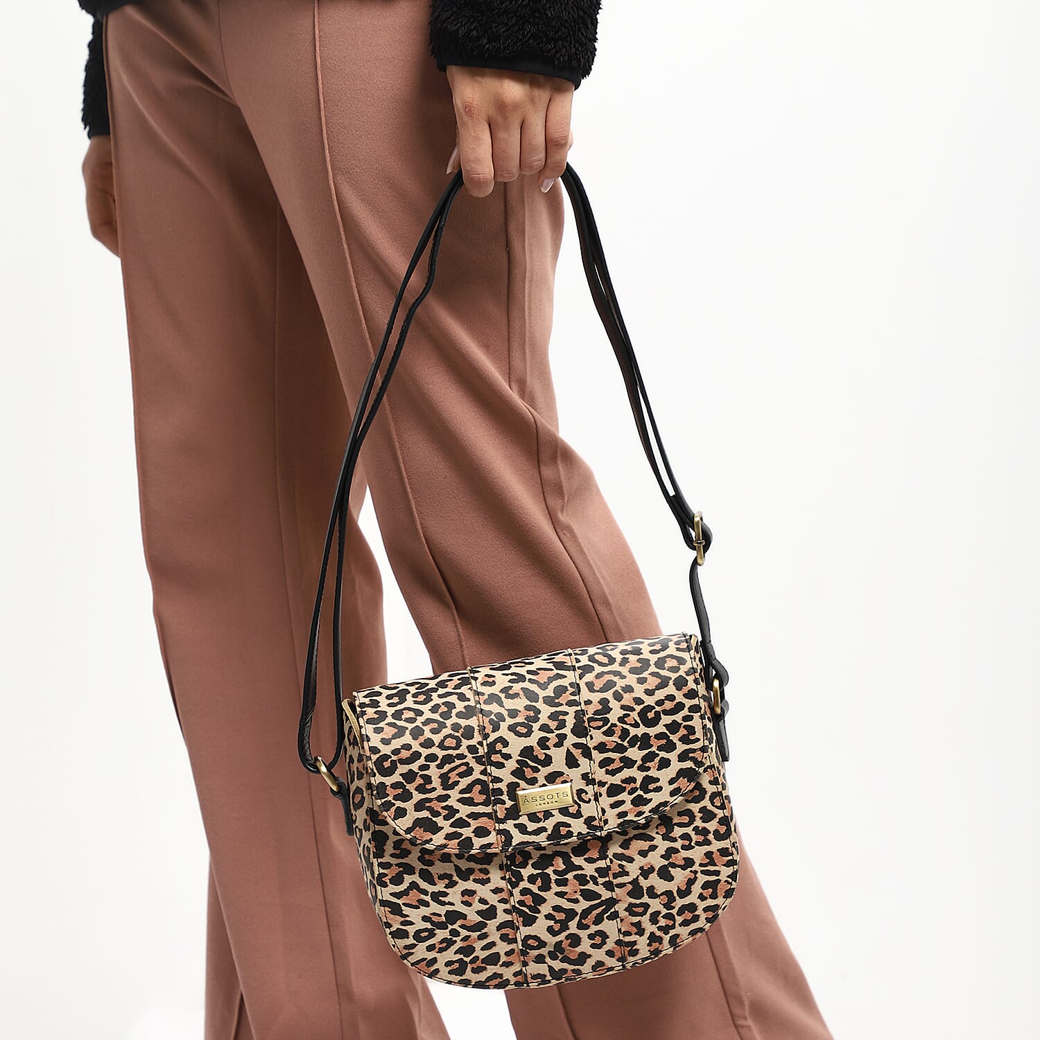 Assots London Brown Leopard Print Genuine Leather Crossbody Sling Bag For Ladies With Adjustable Strap and Button Closure (8.66X8.07X3.13)