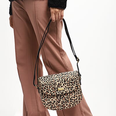 Assots London Brown Leopard Print Genuine Leather Crossbody Sling Bag For Ladies With Adjustable Strap and Button Closure (8.66X8.07X3.13)
