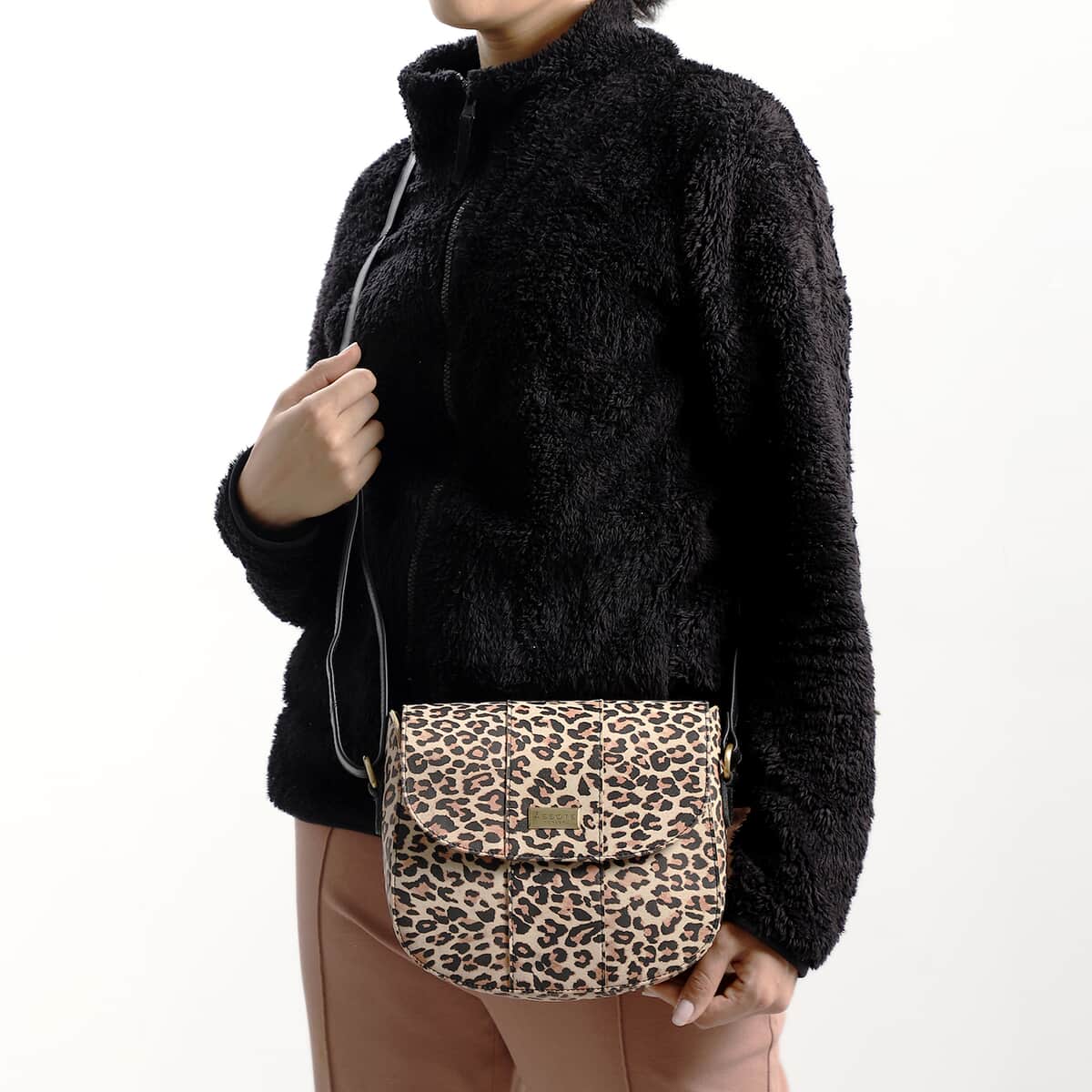 100% Genuine Leather Leopard Print Crossbody Sling Bag Size: 8.66(L)x8.07(H)x3.13(W) Inches Color: Brown image number 2