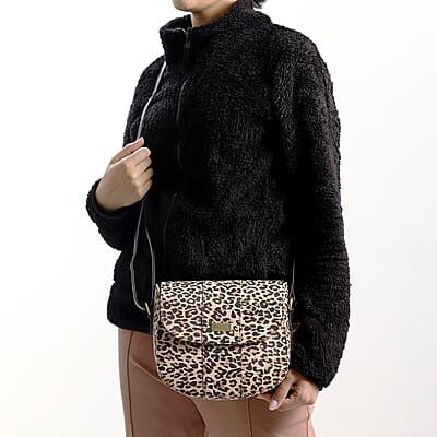 Assots London Brown Leopard Print Genuine Leather Crossbody Sling Bag For Ladies With Adjustable Strap and Button Closure (8.66X8.07X3.13)