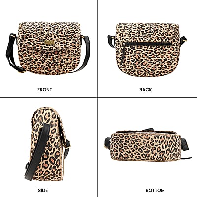 Assots London Brown Leopard Print Genuine Leather Crossbody Sling Bag For Ladies With Adjustable Strap and Button Closure (8.66X8.07X3.13)