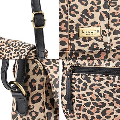 Assots London Brown Leopard Print Genuine Leather Crossbody Sling Bag For Ladies With Adjustable Strap and Button Closure (8.66X8.07X3.13)