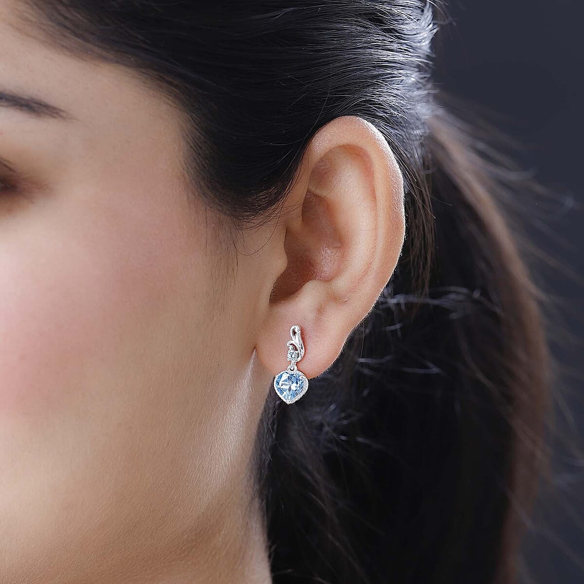 Blue Topaz Heart Dangling Earrings in Sterling Silver 3.15 ctw image number 1