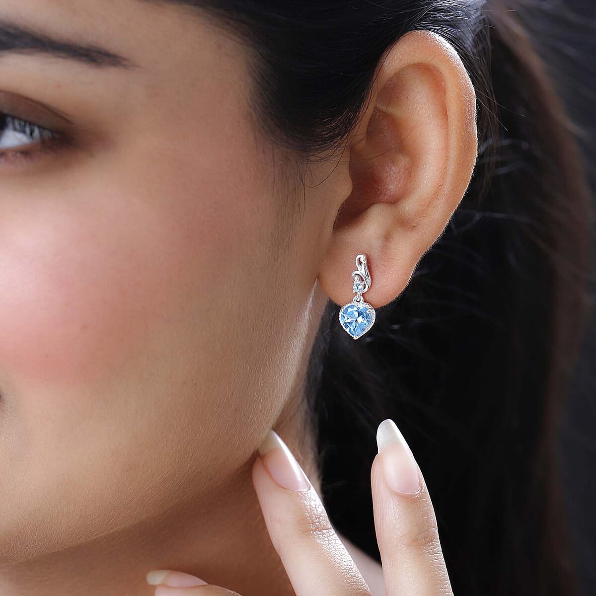 Blue Topaz Heart Dangling Earrings in Sterling Silver 3.15 ctw image number 2