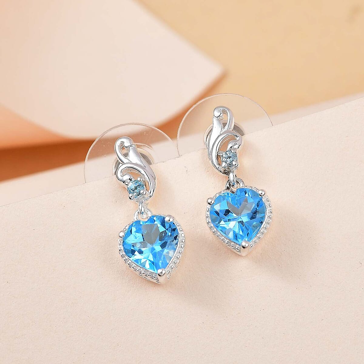 Blue Topaz Heart Dangling Earrings in Sterling Silver 3.15 ctw image number 3