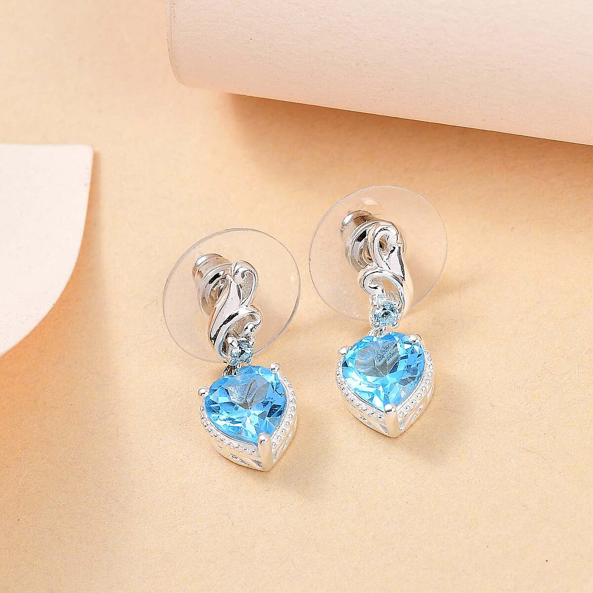 Blue Topaz Heart Dangling Earrings in Sterling Silver 3.15 ctw image number 4