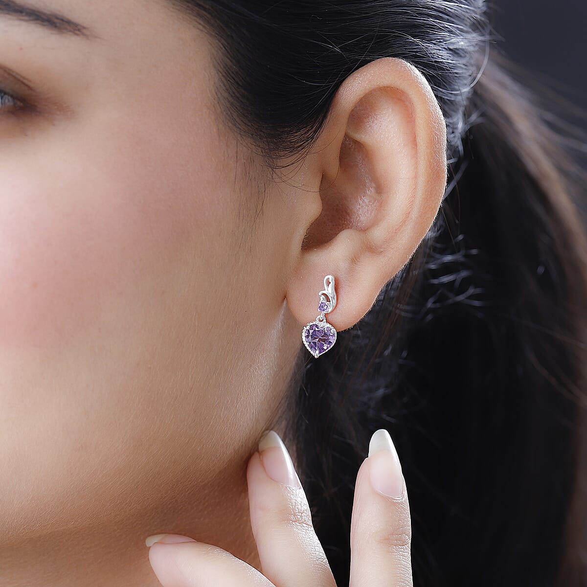 D'Joy Amethyst Heart Dangling Earrings in Sterling Silver 2.20 ctw image number 2