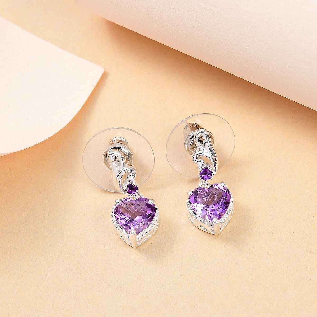 D'Joy Amethyst Heart Dangling Earrings in Sterling Silver 2.20 ctw image number 4