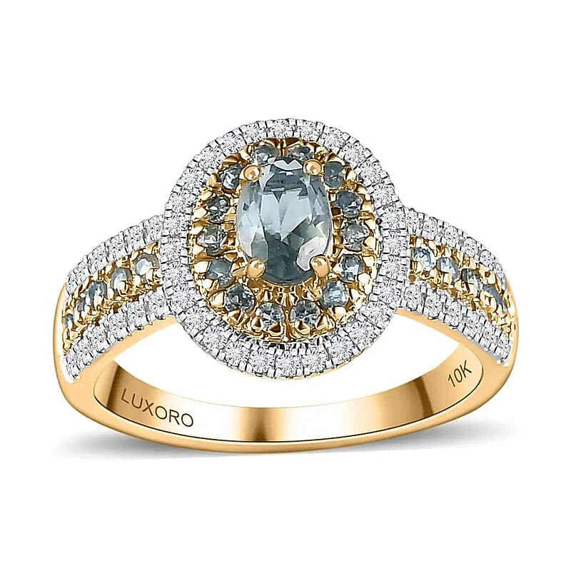 Luxoro AAA Narsipatnam Alexandrite Double Halo Ring, Moissanite Accent Ring, AAA Narsipatnam Alexandrite Ring, 10K Yellow Gold Ring, 1.50 ctw