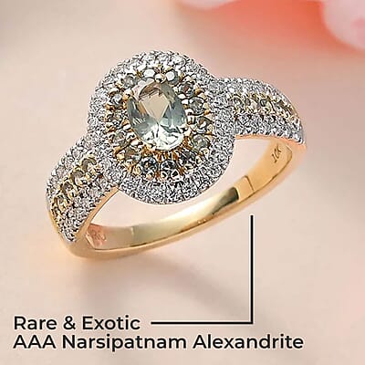 Luxoro AAA Narsipatnam Alexandrite Double Halo Ring, Moissanite Accent Ring, AAA Narsipatnam Alexandrite Ring, 10K Yellow Gold Ring, 1.50 ctw