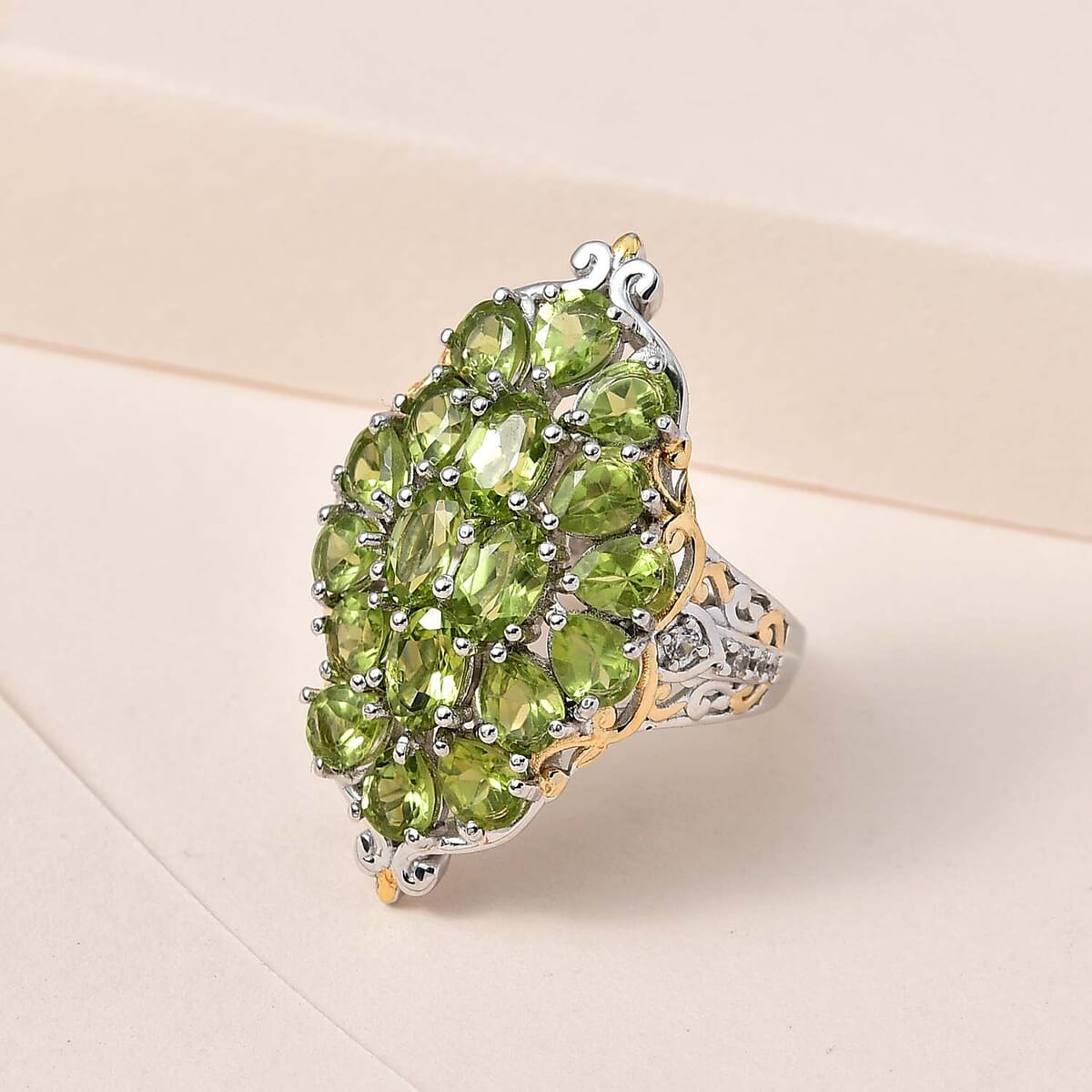Premium Peridot and White Zircon Ring in Vermeil Yellow Gold and Platinum Over Sterling Silver 6.65 ctw image number 1