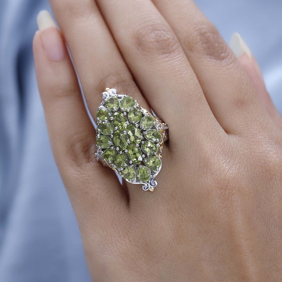 Premium Peridot and White Zircon Ring in Vermeil Yellow Gold and Platinum Over Sterling Silver 6.65 ctw image number 2