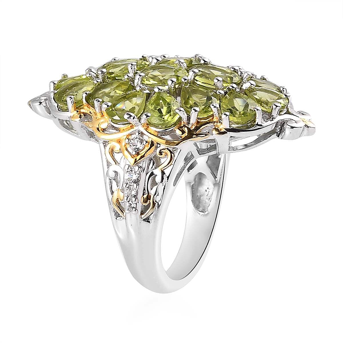 D'Joy Premium Peridot and White Zircon Ring in Vermeil Yellow Gold and Platinum Over Sterling Silver (Size 10.0) 6.65 ctw