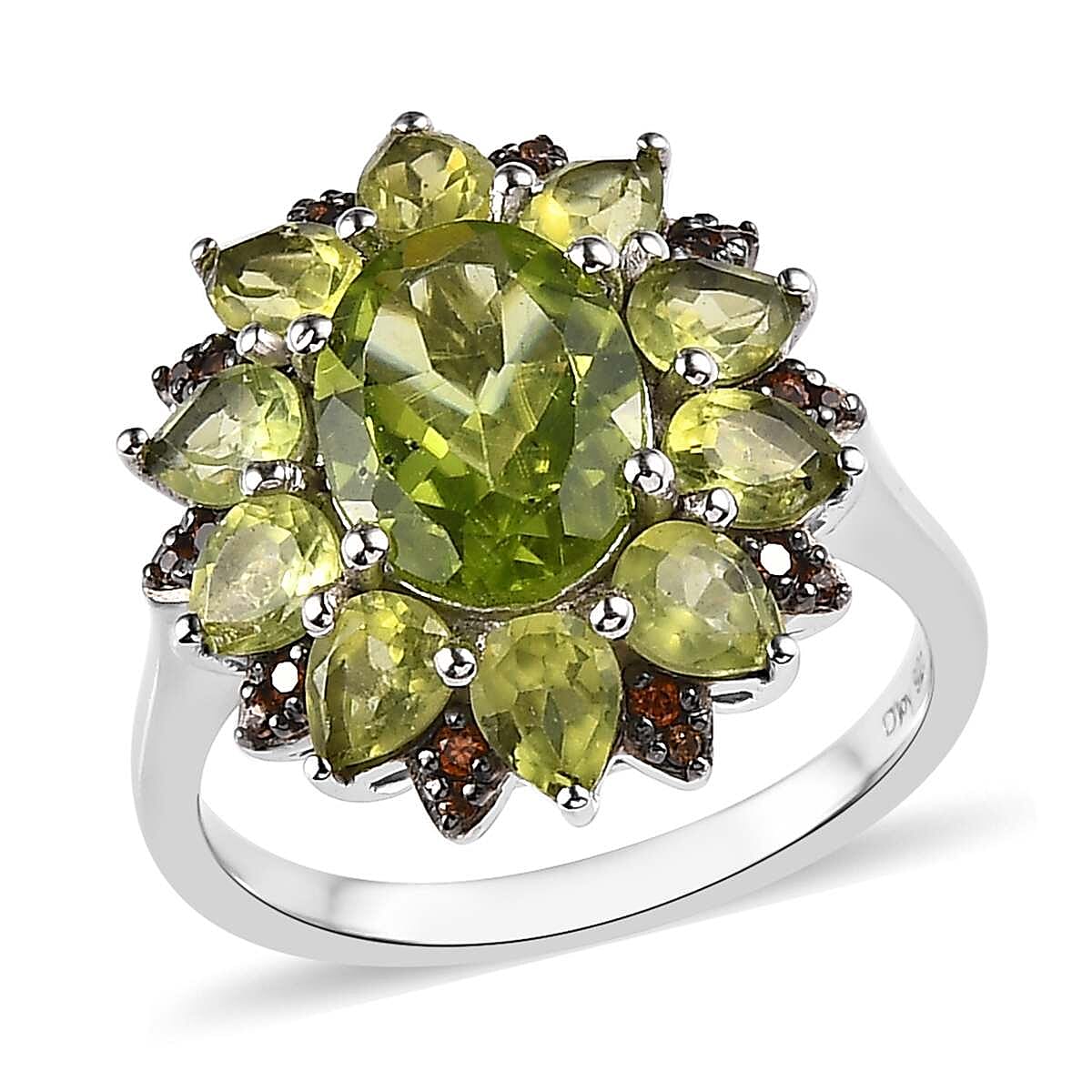 Premium Peridot and Champagne Zircon Floral Ring in Platinum Over Sterling Silver 3.60 ctw image number 0