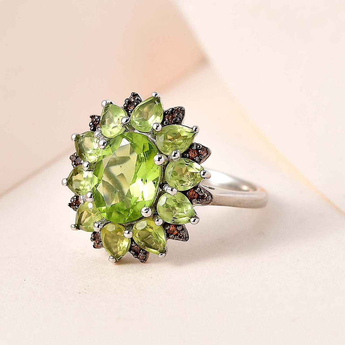 Premium Peridot and Champagne Zircon Floral Ring in Platinum Over Sterling Silver 3.60 ctw image number 1