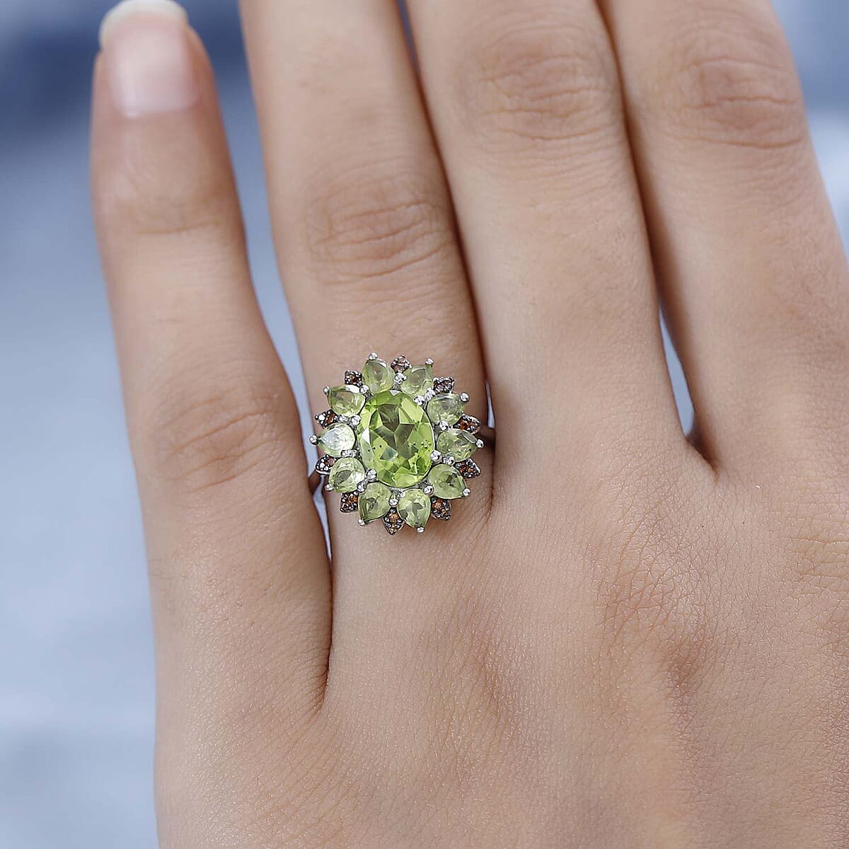 Premium Peridot and Champagne Zircon Floral Ring in Platinum Over Sterling Silver 3.60 ctw image number 2