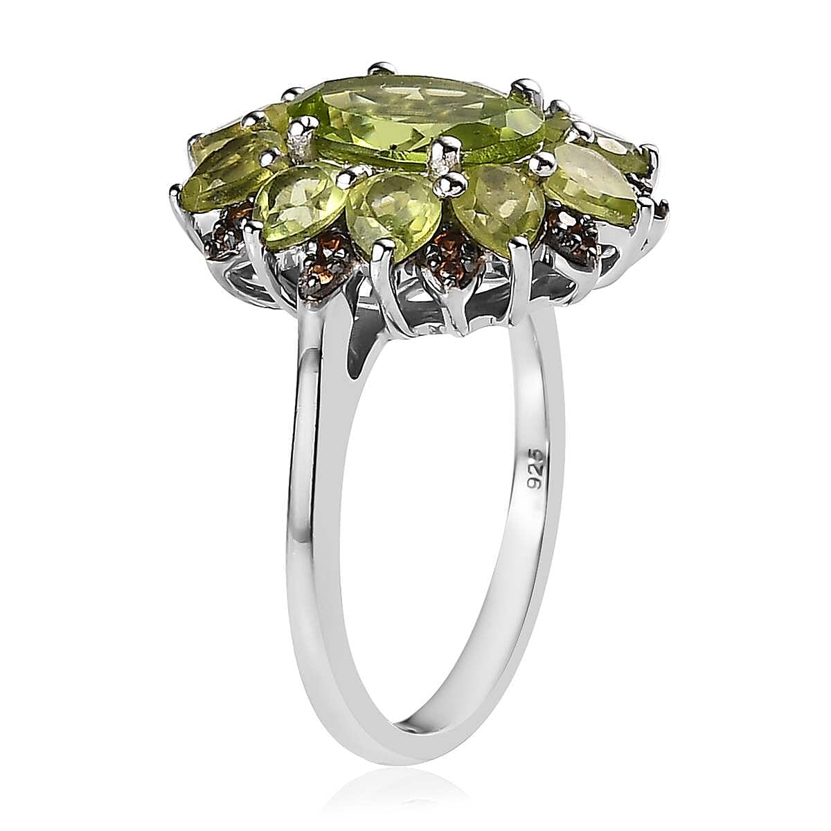 Premium Peridot and Champagne Zircon Floral Ring in Platinum Over Sterling Silver 3.60 ctw image number 3