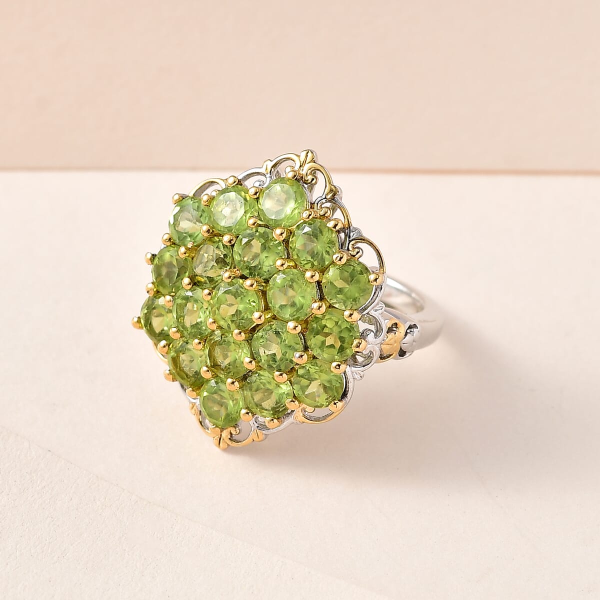 Premium Peridot Cluster Ring in Vermeil YG and Platinum Over Sterling Silver (Size 10.0) 5.35 ctw image number 1