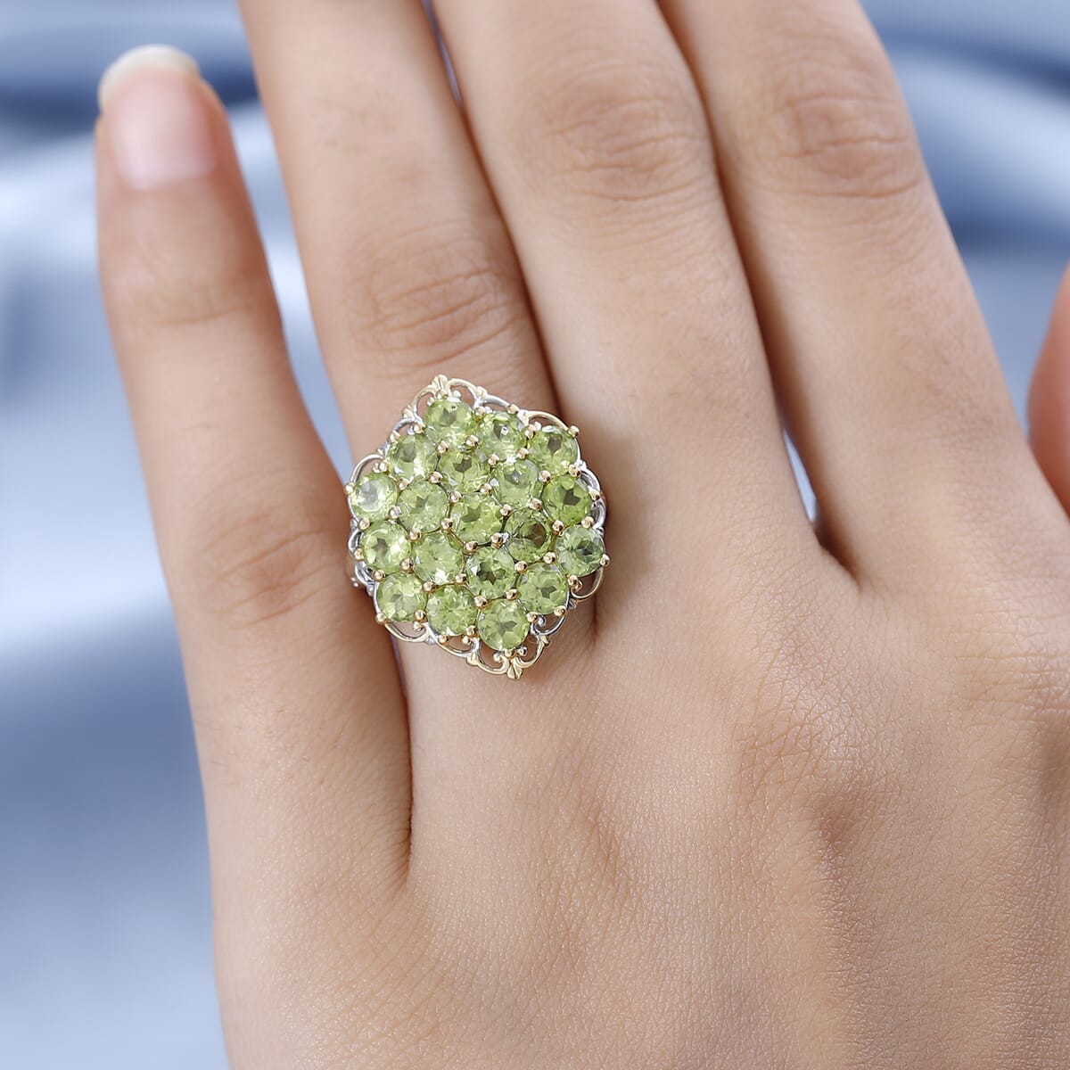 Premium Peridot Cluster Ring in Vermeil YG and Platinum Over Sterling Silver (Size 10.0) 5.35 ctw image number 2