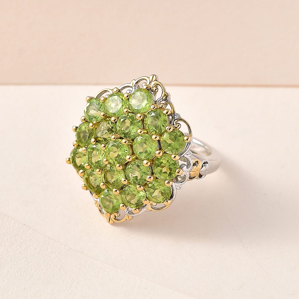 Premium Peridot Cluster Ring in Vermeil Yellow Gold and Platinum Over Sterling Silver (Size 6.0) 5.35 ctw image number 1
