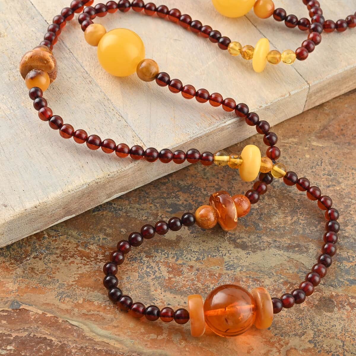 Multi Colored Amber Necklace 34 Inches in Sterling Silver image number 1