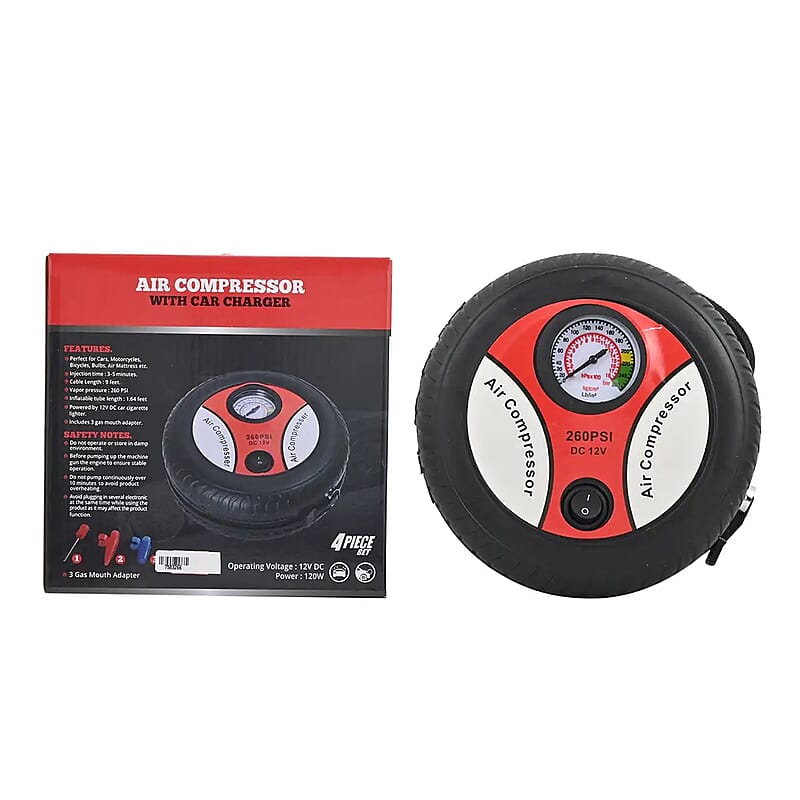 Dark Red Small Air Compressor Tire Inflator with Pressure Gauge Car Tire Pump