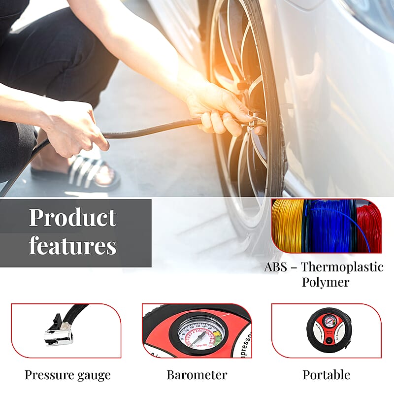 Dark Red Small Air Compressor Tire Inflator with Pressure Gauge Car Tire Pump