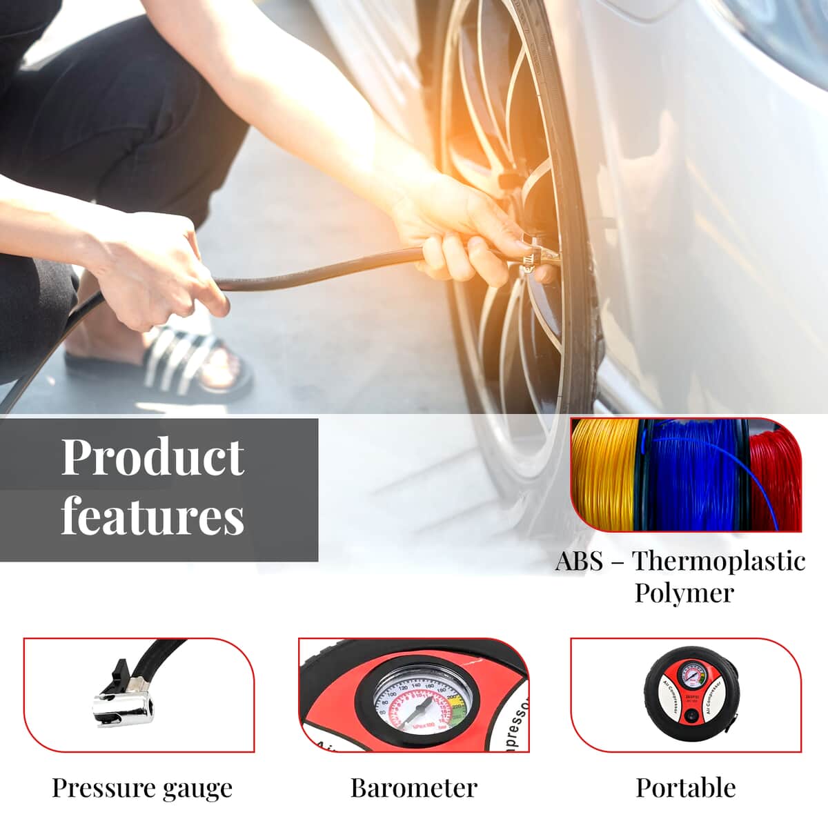 Red Small Portable Air Compressor Tire Inflator with Pressure Gauge Car Tire Pump image number 4