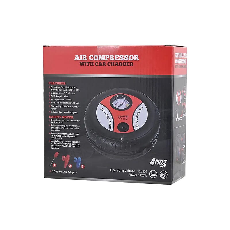 Dark Red Small Air Compressor Tire Inflator with Pressure Gauge Car Tire Pump