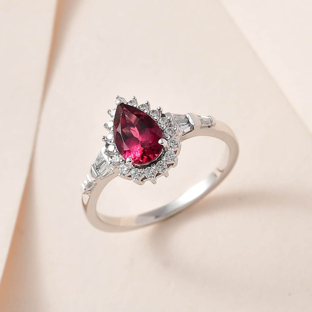 Luxoro 10K White Gold Premium Ouro Fino Rubellite, Moissanite Halo Ring (Size 6.0) 1.00 ctw image number 1
