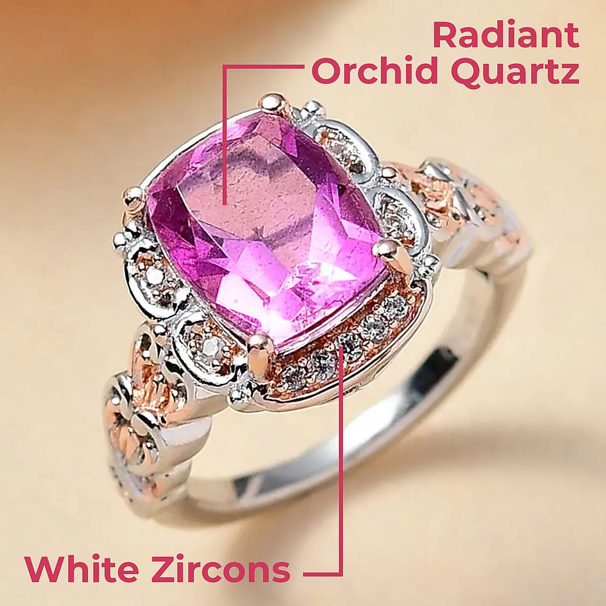 Radiant Orchid Quartz (Triplet) and White Zircon Ring in Vermeil RG and Platinum Over Sterling Silver (Size 7.0) 3.35 ctw image number 1