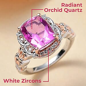 Radiant Orchid Quartz (Triplet) and White Zircon Ring in Vermeil RG and Platinum Over Sterling Silver (Size 7.0) 3.35 ctw