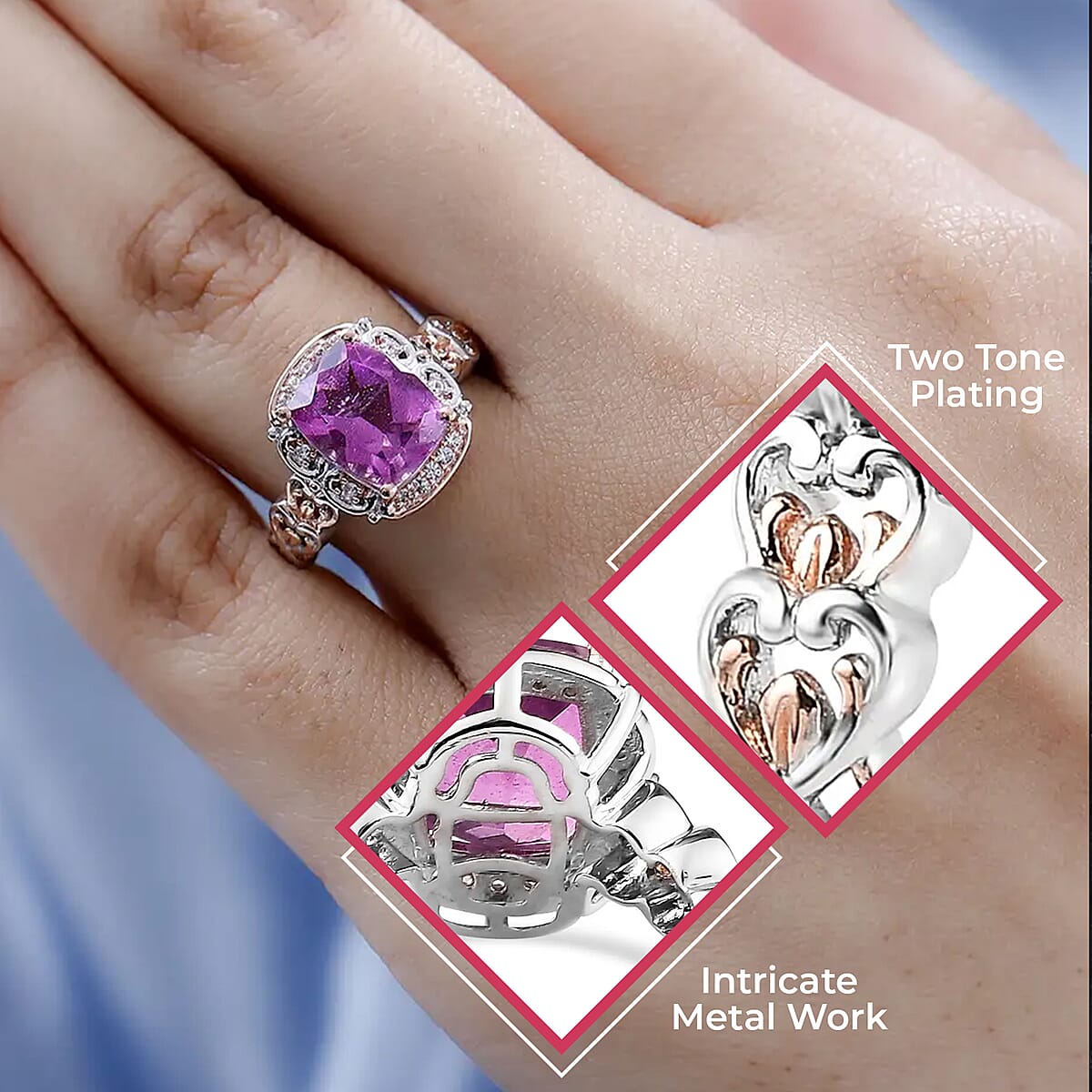 Radiant Orchid Quartz (Triplet) and White Zircon Ring in Vermeil RG and Platinum Over Sterling Silver (Size 7.0) 3.35 ctw image number 2