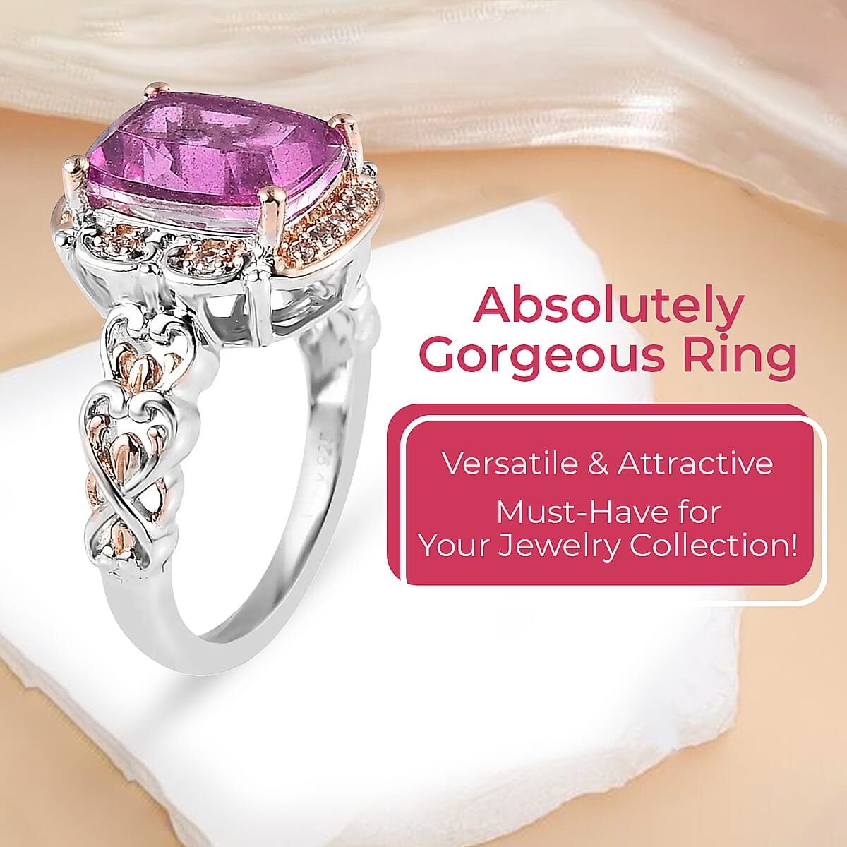 Radiant Orchid Quartz (Triplet) and White Zircon Ring in Vermeil RG and Platinum Over Sterling Silver (Size 7.0) 3.35 ctw image number 3