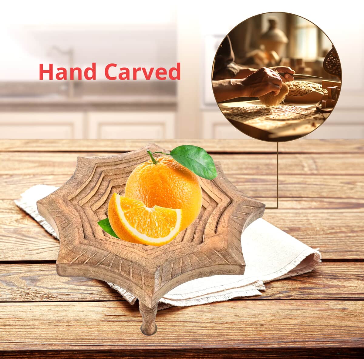 Octagon Shape Hand Carved Mango Wood Spring Tray with Small Legs image number 2