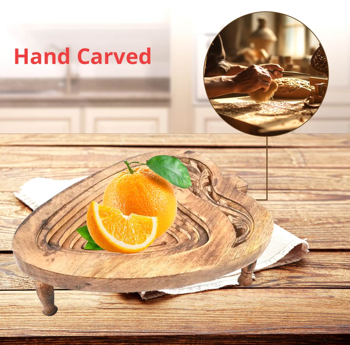 Apple Shape Hand Carved Mango Wood Spring Tray with Small Legs (10"x8") image number 2