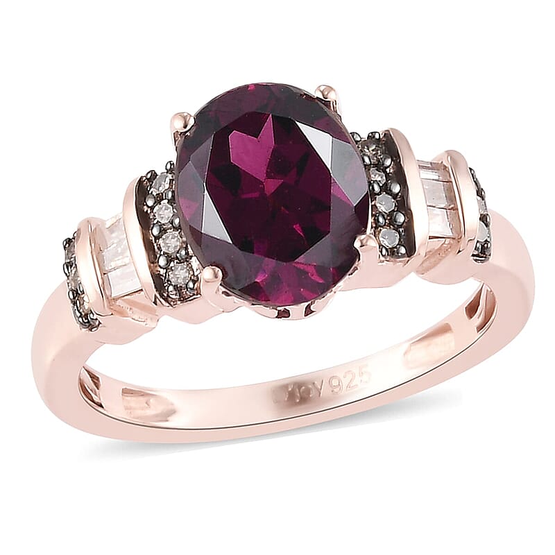 Orissa Rhodolite Garnet, Natural Champagne and White Diamond Ring in Vermeil Rose Gold Over Sterling Silver (Size 10.0) 2.25 ctw