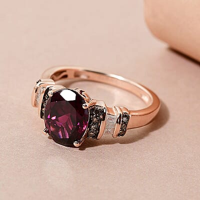 Orissa Rhodolite Garnet, Natural Champagne and White Diamond Ring in Vermeil Rose Gold Over Sterling Silver (Size 10.0) 2.25 ctw